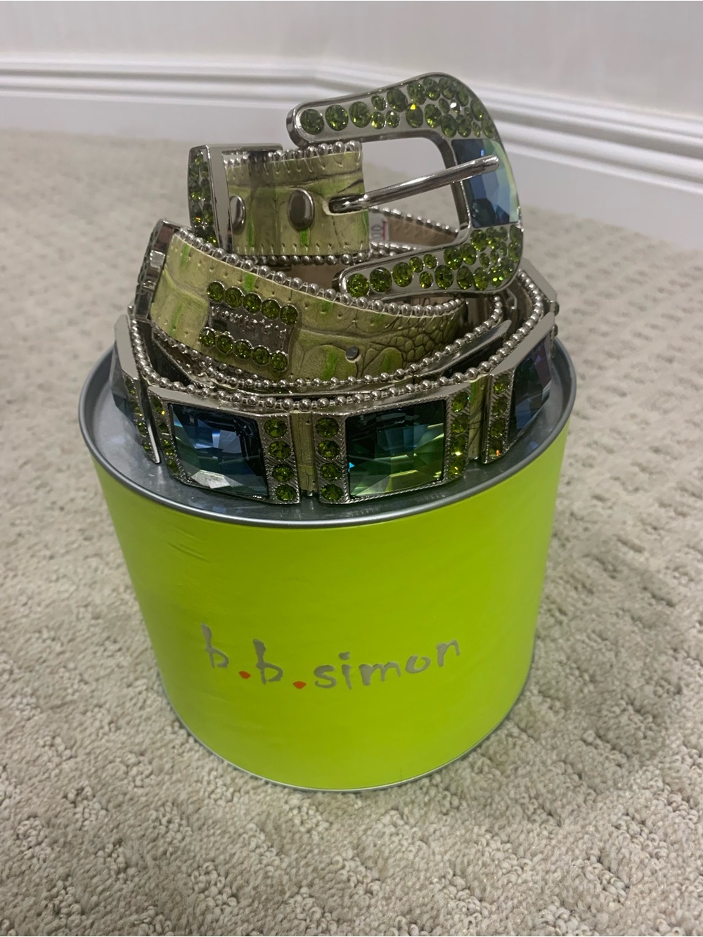 RARE Y2K B.B. Simon Lime Green Crystal-Embellished Croc Leather Belt